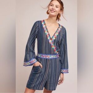 LAIA Anthropologie Striped Boho Romper with Multicolored Embroidery - EUC